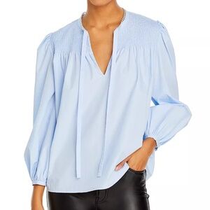 Derek Lam 10 Crosby Austin tie neck smocked blouse long puff sleeves relaxed fit